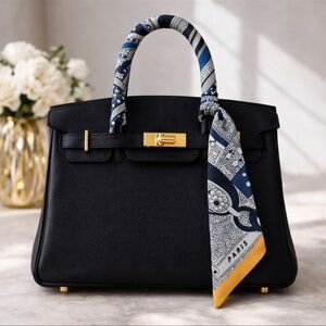 PARIS EQUESTRIAN SKINNY SCARF BAG HANDLE WRAP BANDEAU PURSE TIE NAVY BLUE ORANGE